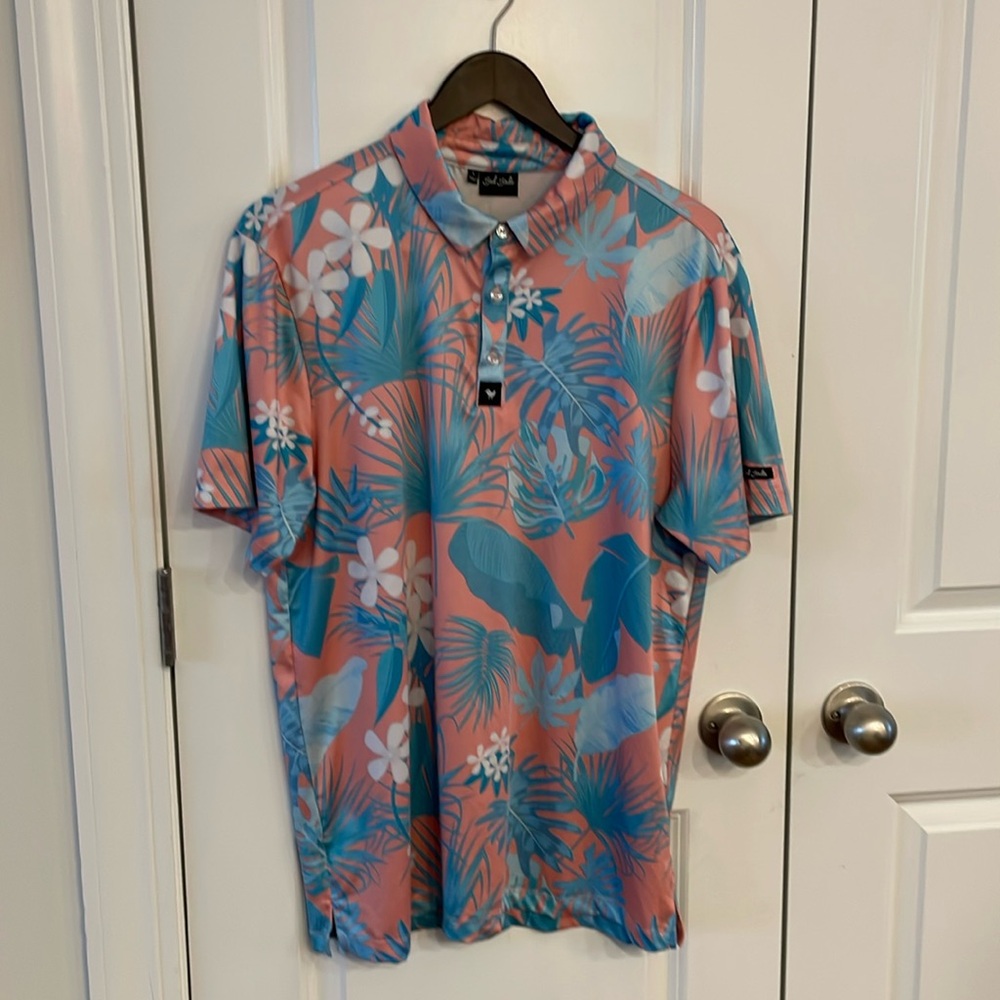 Bad Birdie men’s size L tropical floral Hawaiian print polo shirt